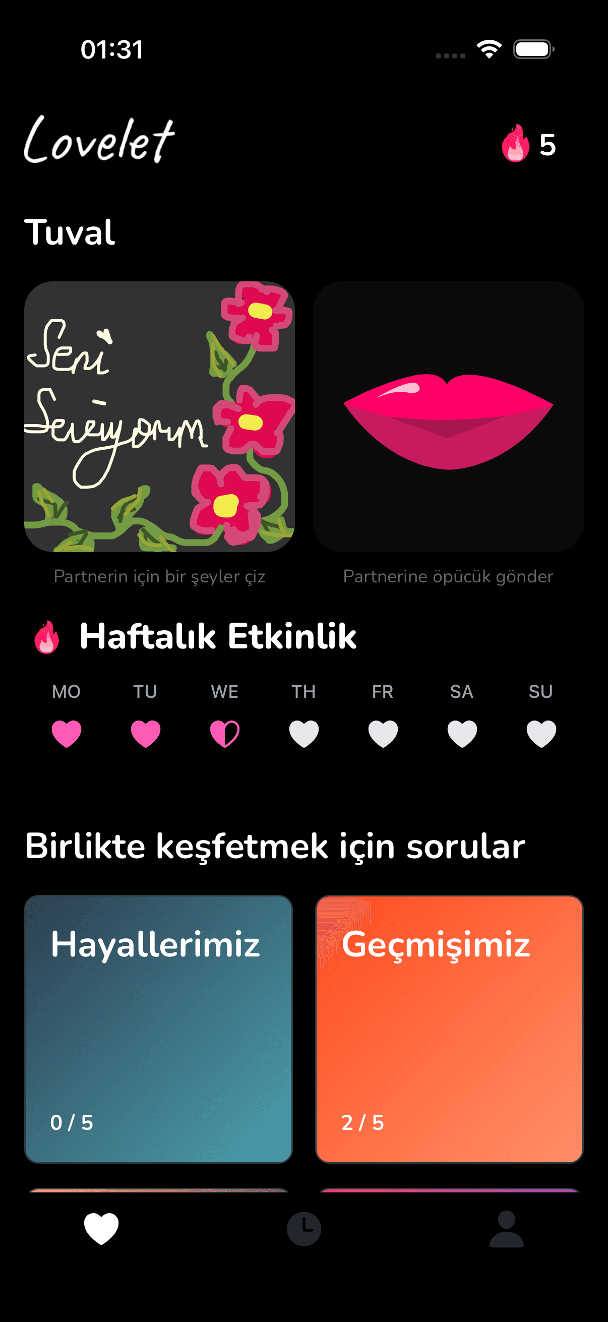 Lovelet uygulaması ekran görüntüsü - Çiftler için günlük sorular ve çizim özellikleri